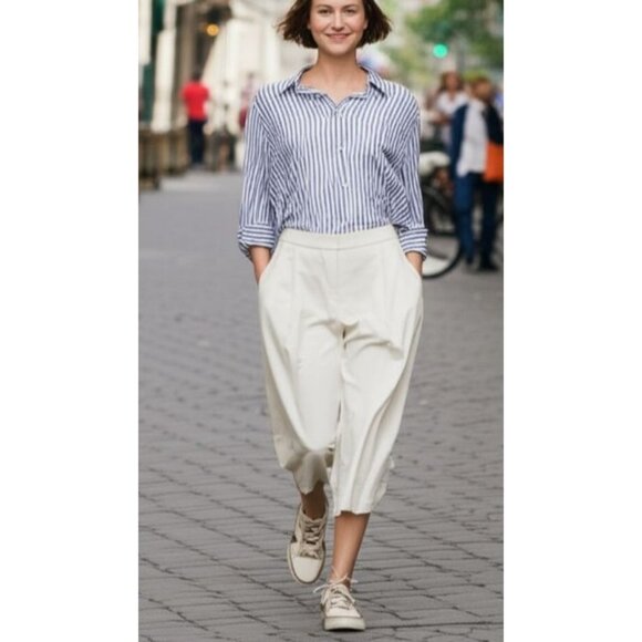 Elie Tahari Pants - Elie Tahari White Artsey Lagenlook Elastic Waistband Culottes Capri Pants Size 6